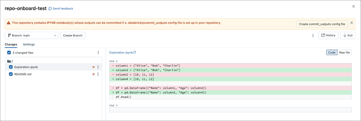 Notebook-Commit-UI: Schaltfläche „commit_outputs-Datei erstellen“.