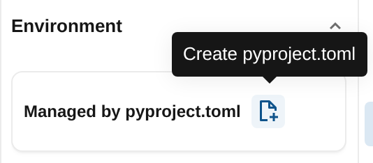 Umgebungsseitenbereich mit dem Symbol pyproject.toml erstellen und Tooltip neben Verwaltet von pyproject.toml.