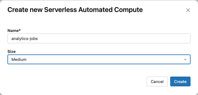 Der Dialog „Neue serverlose automatisierte Recheneinheit erstellen“ mit eingegebenem Namen und auf Mittel festgelegter Größe