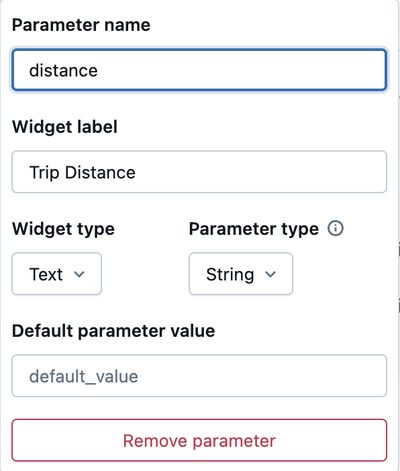 Parameter-Widgeteinstellungen mit Feldern für Parametername, Widgetbezeichnung, Widgettyp, Parametertyp und Standardwert.