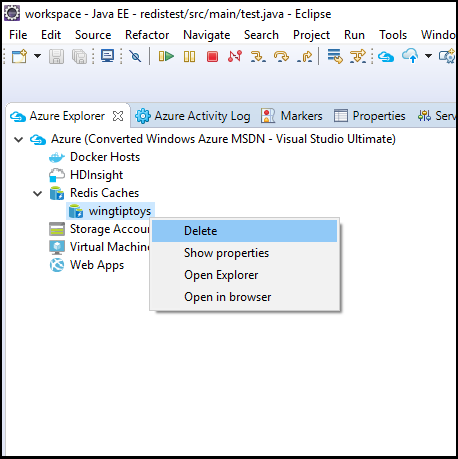 Kontextmenü von Azure Explorer zum Löschen eines Redis-Caches