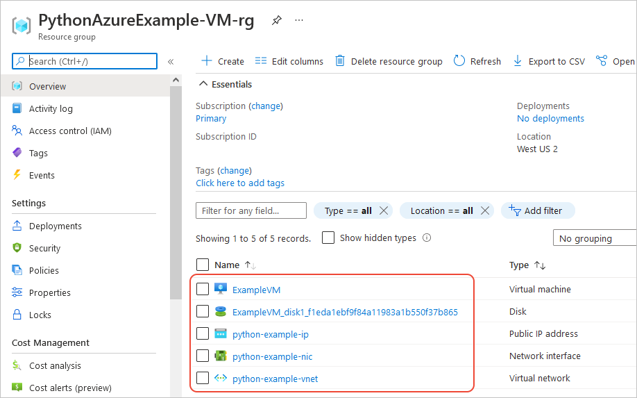 Azure-Portalseite für die neue Ressourcengruppe mit dem virtuellen Computer und den zugehörigen Ressourcen