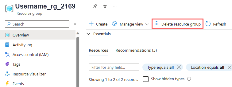 Screenshot, der zeigt, wie eine Ressourcengruppe im Azure-Portal gelöscht wird.