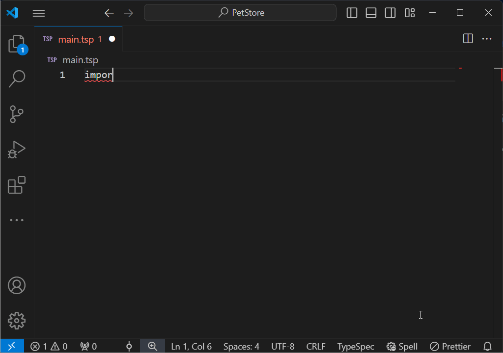 Screenshotanimation der Visual Studio Code-Erweiterung für TypeSpec, die AutoVervollständigen und Syntaxmarkierungen bereitstellt.