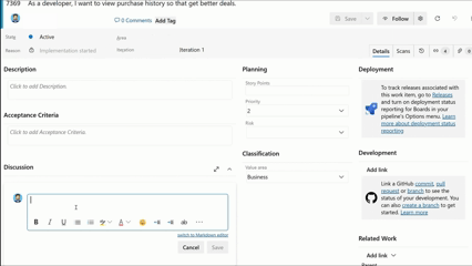 Gif, das zeigt, wie man die !-Erwähnung verwendet, um auf einen GitHub-Pull-Request aus einer Arbeitsaufgabendiskussion zu verweisen.