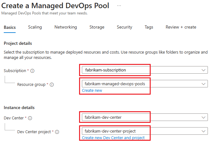 Screenshot der anfänglichen Konfigurationseinstellungen für das Erstellen von verwalteten DevOps-Pools.