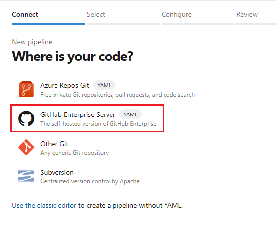 Screenshot der Auswahl von GitHub als Speicherort für Ihren Code.