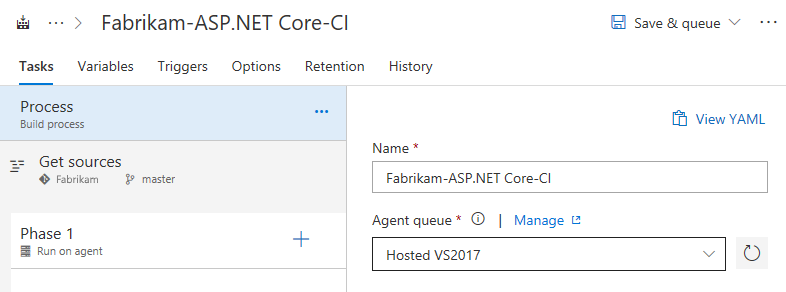 Standardoption für gehostete Agenten in Build