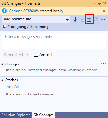 Screenshot der Pfeil-hoch-Taste im Fenster „Git Changes“ von Visual Studio.