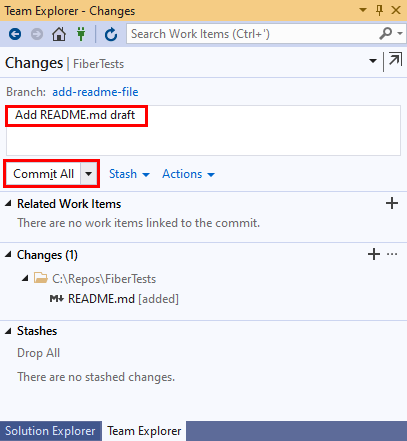 Screenshot: Text der Commitnachricht und Schaltfläche „Alle Übermitteln“ in Visual Studio 2019.