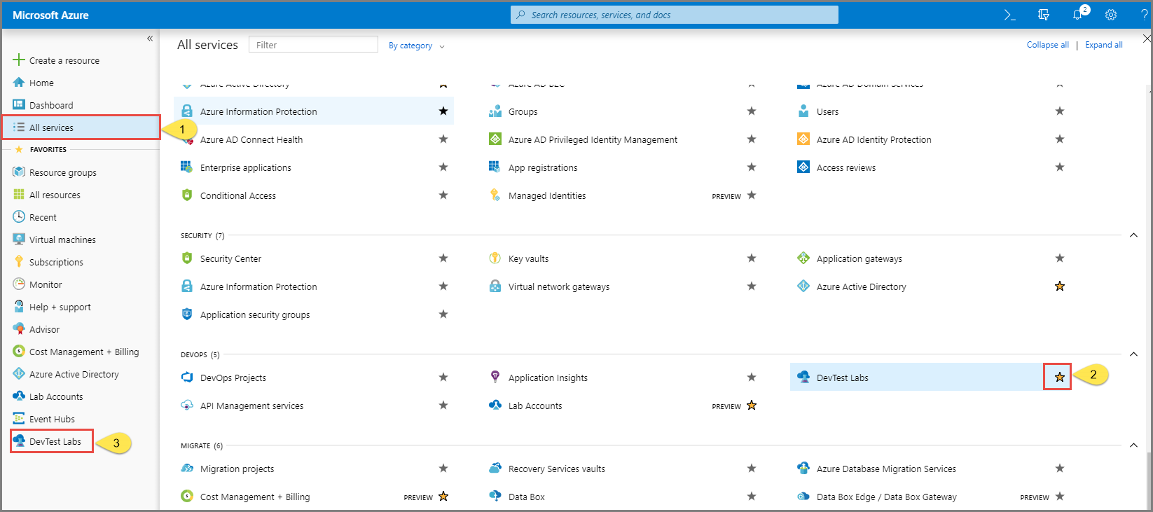 All services (Alle Dienste) – Auswählen von „DevTest Labs“