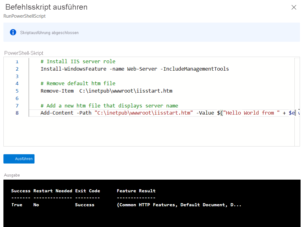 Screenshot: Skriptausführungsfenster mit PowerShell-Code und Ausgabe