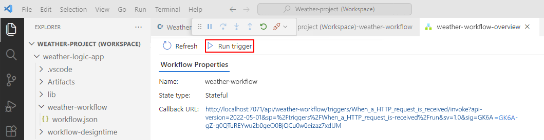 Screenshot zeigt die geöffnete Übersichtsseite des Workflows und Visual Studio Code.