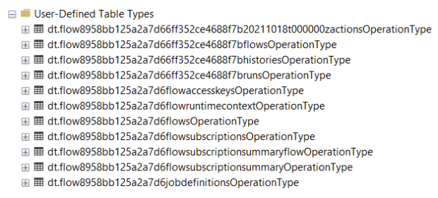 Der Screenshot zeigt benutzerdefinierte SQL-Tabellentypen, die von der Single-Tenant-Runtime von Azure Logic Apps erstellt wurden.