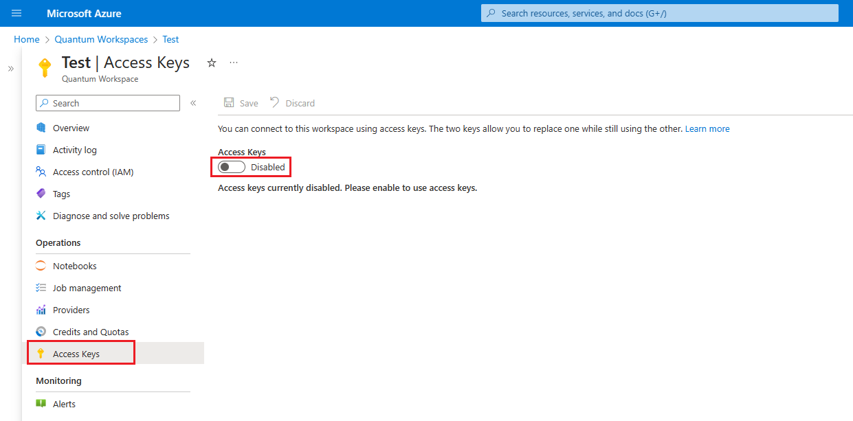 Screenshot des Azure-Portals, der zeigt, wie Zugriffsschlüssel für die Verwendung von Verbindungszeichenfolgen aktiviert werden.