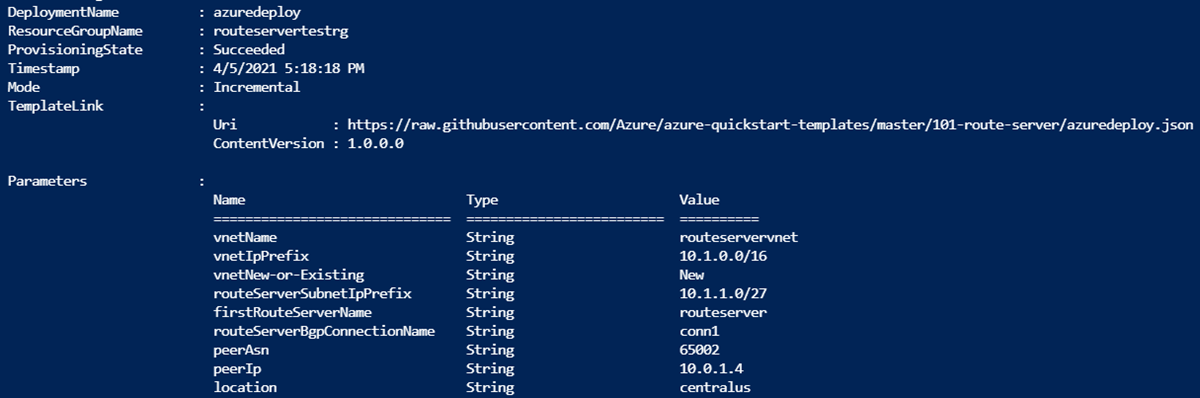 Screenshot: Ausgabe der PowerShell-Bereitstellung für die Route Server Resource Manager-Vorlage.