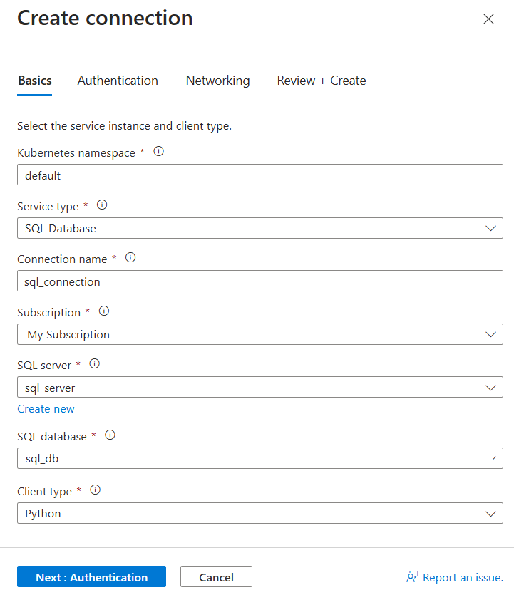 Screenshot des Azure-Portals mit dem Formular zum Erstellen einer neuen Verbindung mit einer SQL-Datenbank-Instanz in AKS