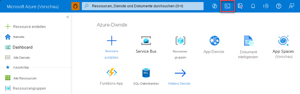 Screenshot des Azure Developer CLI-Zugriffs über Cloud Shell im Azure-Portal.