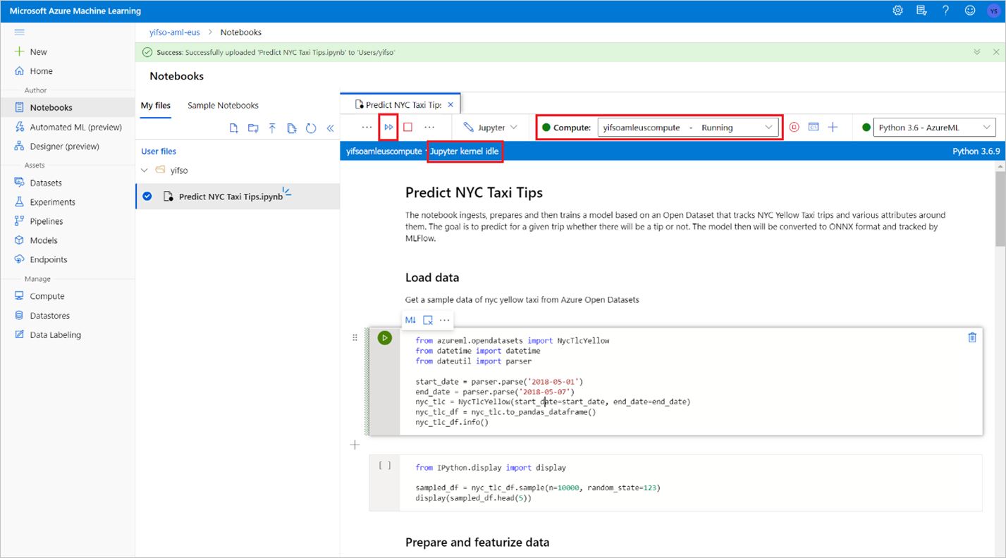 Screenshot der Überprüfung der Azure Machine Learning-Berechnung.