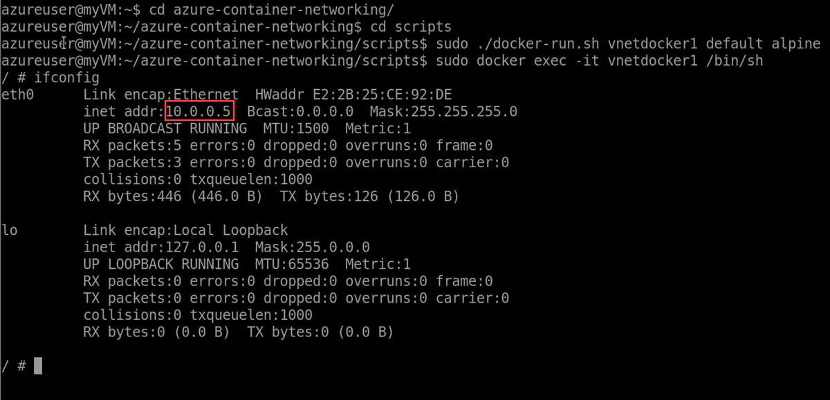 Screenshot: ifconfig-Ausgabe in der Bash-Eingabeaufforderung des Testcontainers