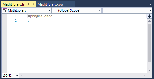 Screenshot der leeren Datei MathLibrary.h im Editor.