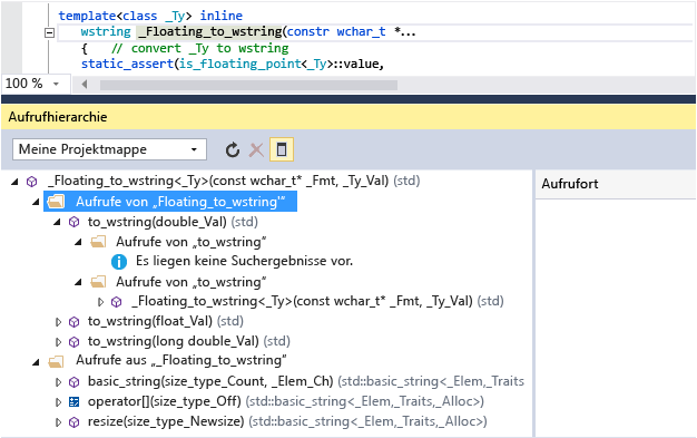 Screenshot des Fensters „Anrufhierarchie“ mit Aufrufen von Floating_to_wstring(). Beispielsweise wird Floating_to_wstring() von to_wstring() aufgerufen.