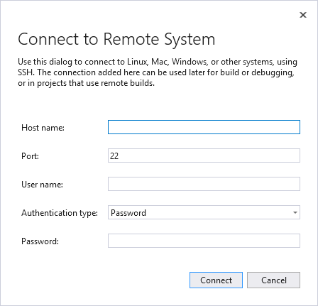 Screenshot des Fensters „Mit Remotesystem verbinden“ mit Textfeldern für Hostname, Port, Benutzername, Authentifizierungstyp und Kennwort