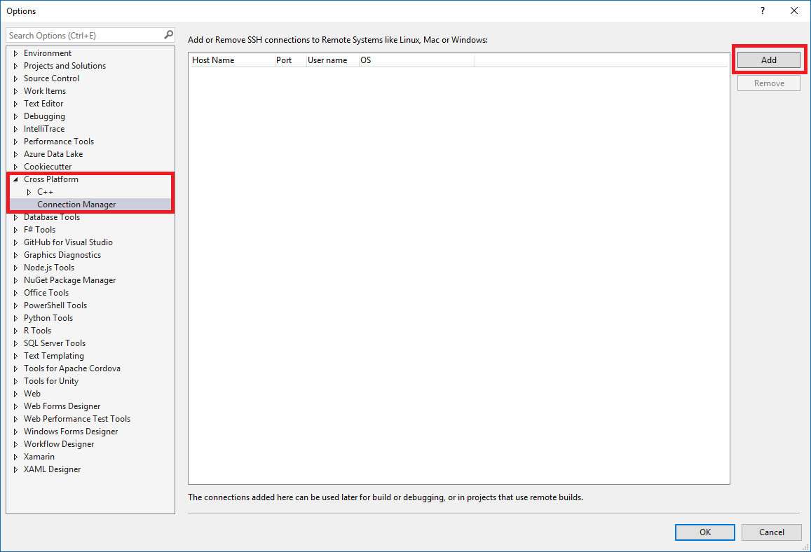 Screenshot mit dem Bereich „Optionen“ im Dialogfeld „Verbindungs-Manager“. Plattformübergreifend > C plus plus > Verbindungs-Manager ist hervorgehoben.