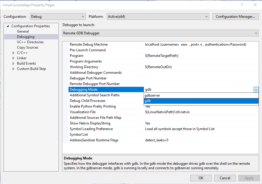 Screenshot: Das Dialogfeld „Visual Studio Linux Console App Property Pages“ (Eigenschaftenseiten der Linux-Konsolen-App in Visual Studio), wobei „Konfigurationseigenschaften > Debuggen“ ausgewählt sind. Der „Debugmodus“ ist in der Dropdownliste hervorgehoben und die Option „GDB“ ist ausgewählt und hervorgehoben.