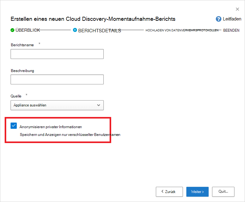 Screenshot der Option zum Anonymisieren privater Informationen beim Erstellen eines Momentaufnahmeberichts.