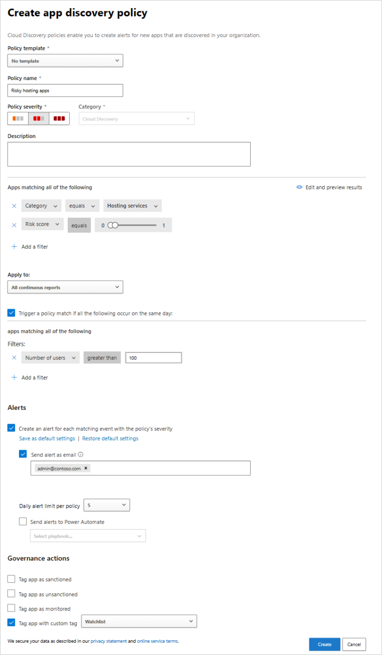 Screenshot der App-Ermittlungsrichtlinieneinstellungen mit Filter- und Schwellenwertoptionen für riskantes Hosting von Apps.