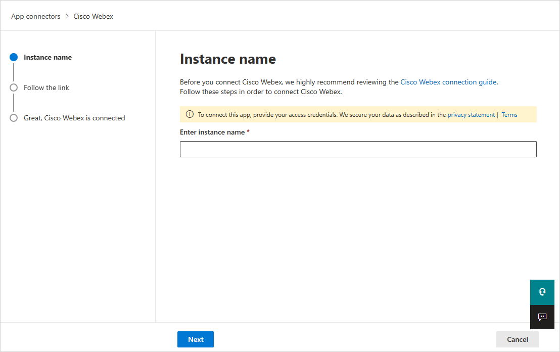 Screenshot des Cisco Webex-Connectornamens und des Konfigurationsdialogfelds in Defender for Cloud Apps.