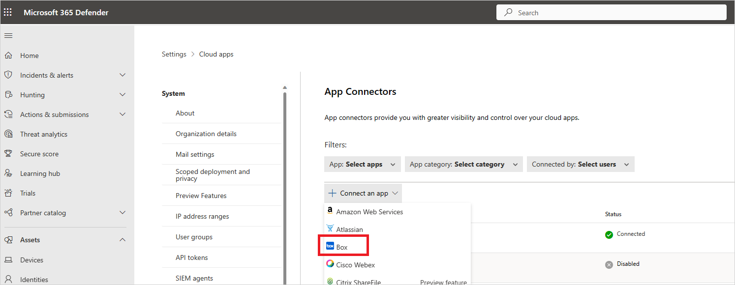 Screenshot der App-Connector-Seite mit Box als Connector-Option verfügbar.