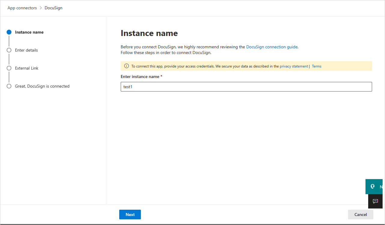 Screenshot des Dialogfelds zum Verbinden von DocuSign in Defender for Cloud Apps.