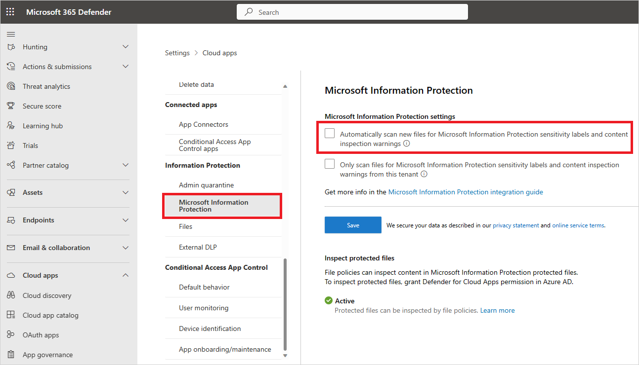 Screenshot der Seite Microsoft Information Protection Einstellungen mit aktivierter Option für den automatischen Scan.