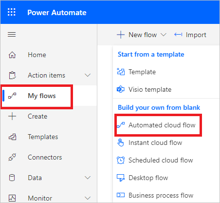 Screenshot des Power Automate Portals mit der Option 