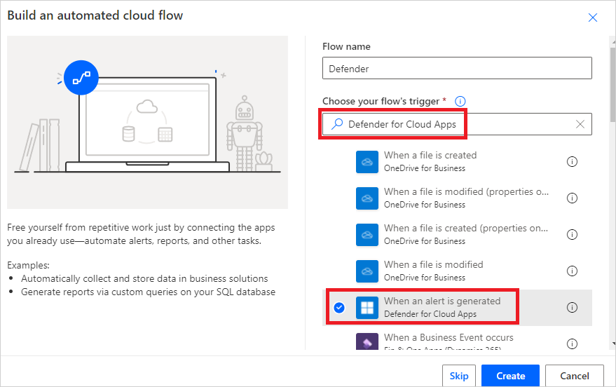 Screenshot der Power Automate Triggerkonfiguration, die auswählt, wann eine Warnung für Defender for Cloud Apps generiert wird.