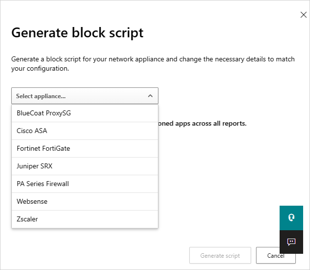 Screenshot des Dialogfelds „Blockskript generieren“ mit der Option zur Auswahl der Appliance zum Generieren eines Blocksipts.