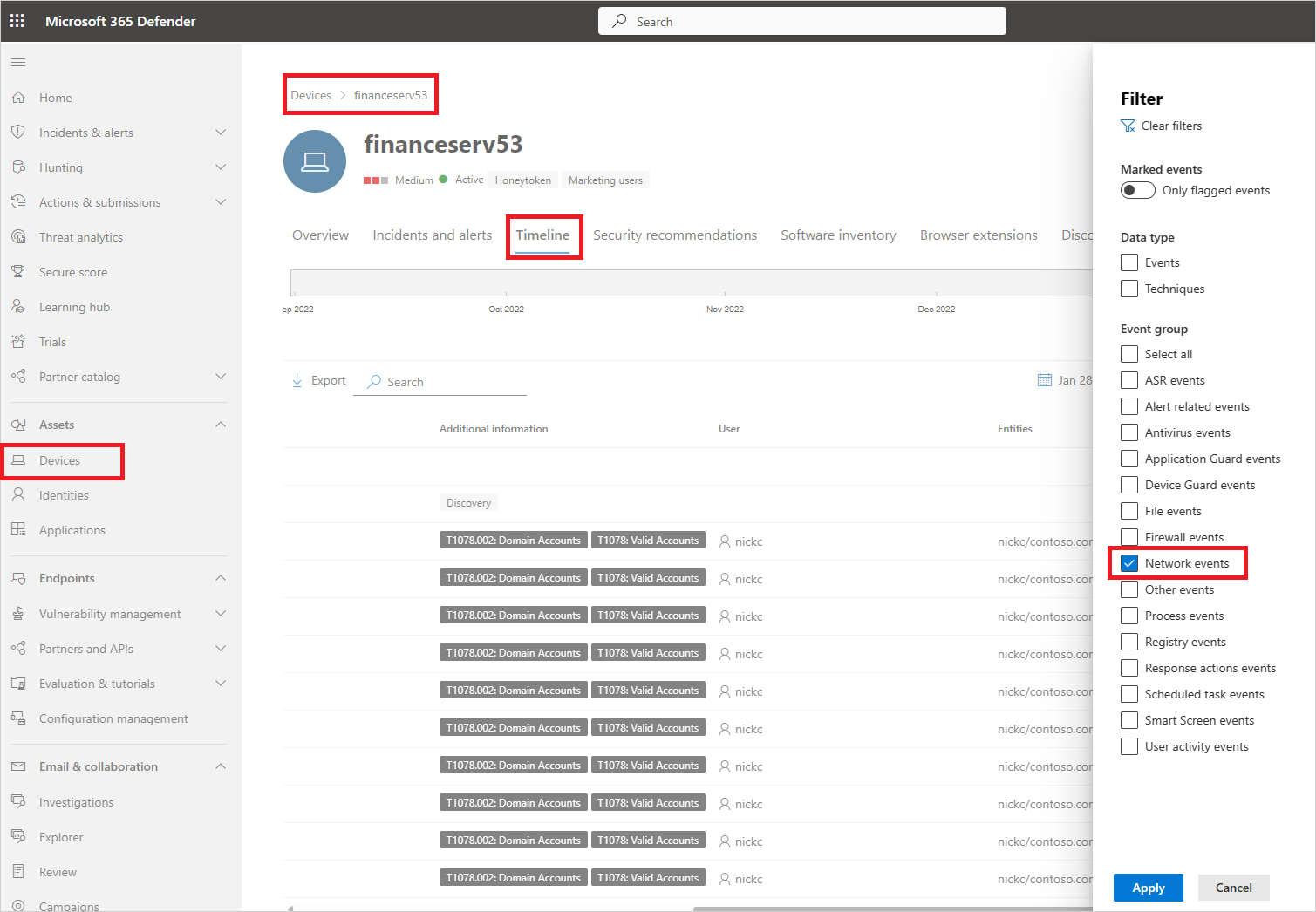 Screenshot der Microsoft Defender XDR-Geräte-Zeitleiste, gefiltert, um Netzwerkereignisse für das ausgewählte Gerät anzuzeigen.