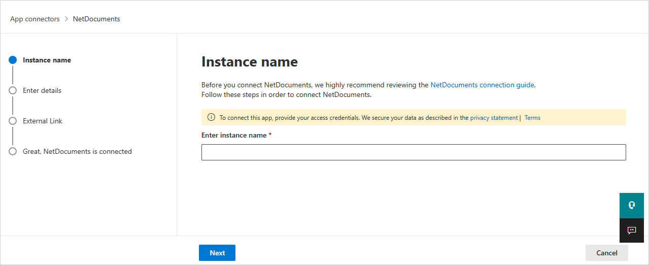 Screenshot des NetDocuments-Verbindungsbildschirms, der den Benutzer auffordert, den Connector zu benennen.
