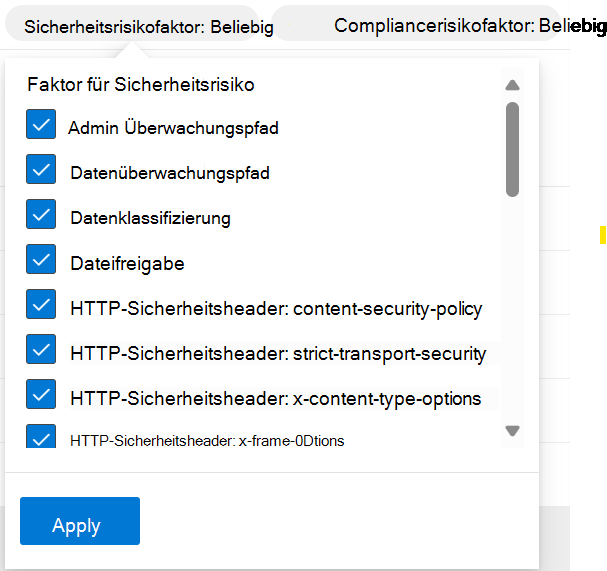 Screenshot mit den Filtern für Sicherheitsrisikofaktoren