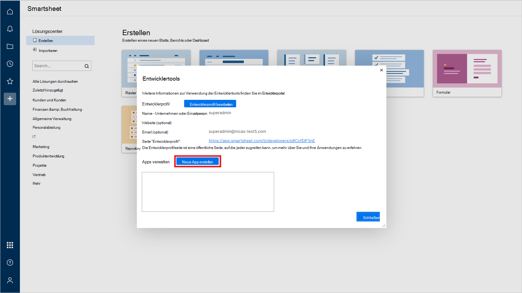 Screenshot der Seite Developer Tools mit der Option 
