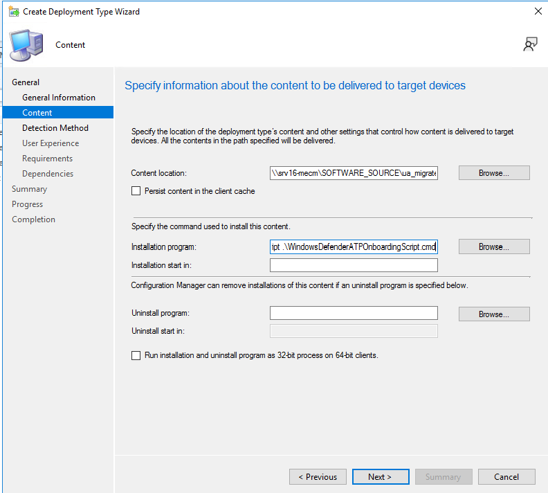 Screenshot der Inhaltsseite des Bereitstellungstyps mit Feldern für Inhaltsort und Installationsprogramm.