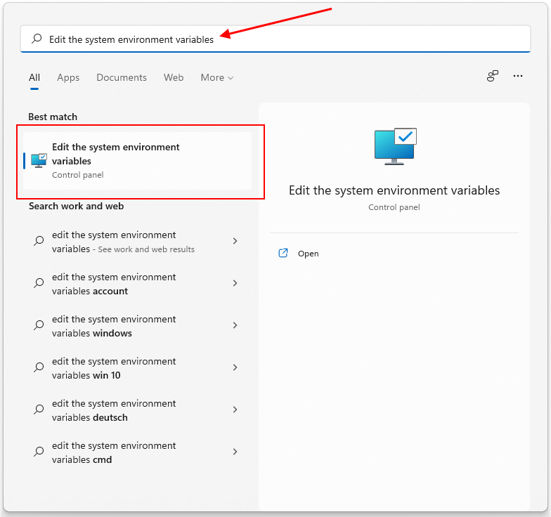 Windows Startmenü mit Bearbeitungsumgebungsvariable