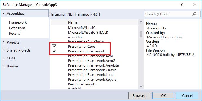 Verweis-Manager zeigt PresentationCore und PresentationFramework an