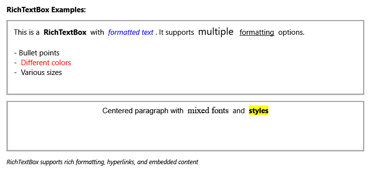 Ein RichTextBox-Steuerelement mit formatiertem Inhalt mit unterschiedlichen Schriftarten und Farben.