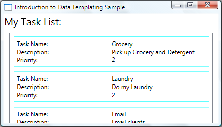 Screenshot des Fensters „Einführung in das Datenvorlagenbeispiel“ mit dem ListBox-Element „Meine Aufgabenliste“, das so gestreckt wurde, dass es horizontal auf den Bildschirm passt.