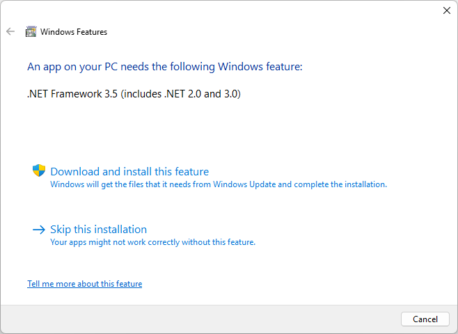 Screenshot des .NET Framework-Installationsdialogfelds.