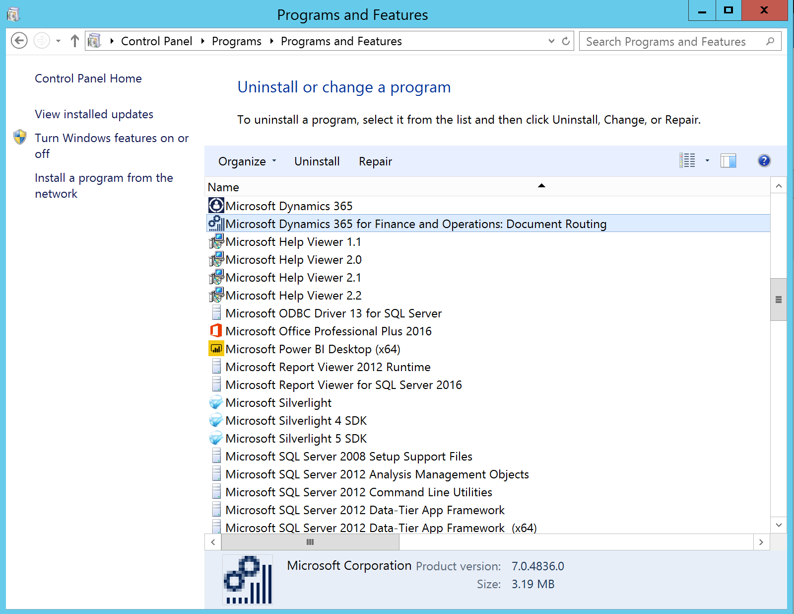 Screenshot of the Uninstall or change a program window showing Microsoft Dynamics 365 Finance: Document Routing.