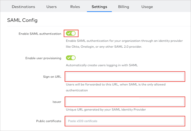 Screenshot: Bereich „SAML Config“ (SAML-Konfiguration) mit hervorgehobenen Konfigurationsoptionen